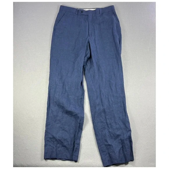 Haspel Mens 34W 32L Navy Blue 100% Linen Dress Pants Flat Front - Picture 2 of 5